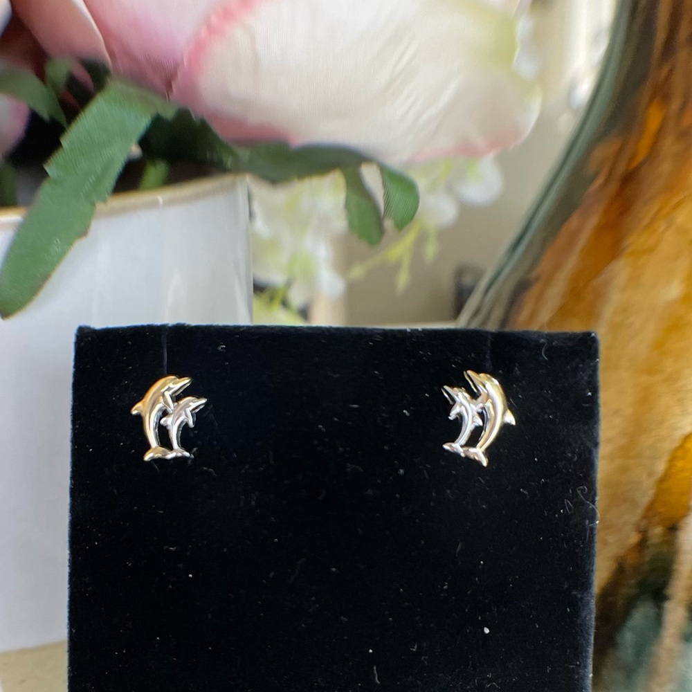 14K Gold Earrings- Two Tone Dolphins